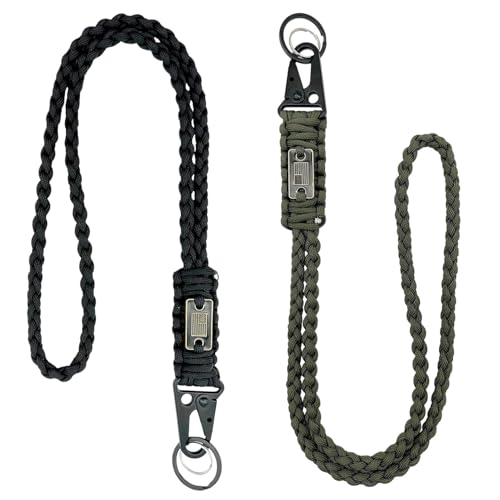 DDOUT Heavy Duty Paracord Lanyard Keychain for Id Badges, Tactical Braided Necklace for Outdoor Activities, Camera, Keys, Whistle, Traveling, Survival Use, 2 Pack Black and Army Green