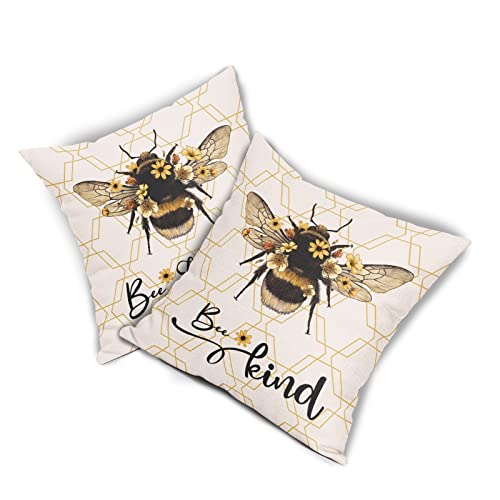 Summer Bee Pillow Covers 18X18 Inch Bee Happy Throw Pillow Covers Farmhouse Bee Kind Decorative Pillowcase Linen Cushion Cover For Home Couch Sofa Patio Bedroom Livingroom Set Of 2 #TOP1