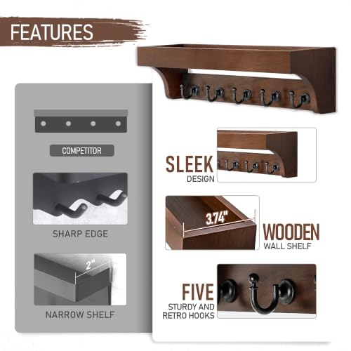 Image of Walnut Wood Key Holder Wall Mount for Room Decor and Organization, Brown | Key Holder for Wall with Shelf for Plants & Cute Things,5 Sturdy Key Hooks,Can Also Hang Dog Leashes,Ideal for Home Decor
