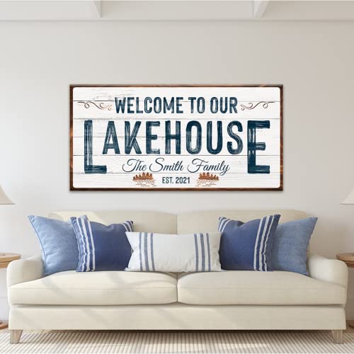 Tailored Canvases Custom Lake House Sign - Large Rustic Print Decor Canvas Wall Art for Living Room, Bedroom, Kitchen & Entryway - Welcome To Our Lakehouse - White Background w/ Brown Border, 36x12in