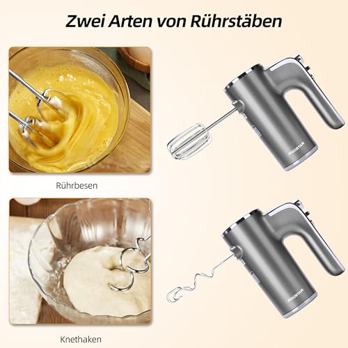 Foto von Aigostar Handmixer Elektrischer, 400 W Ultra Power Mixer Handrührer mit 1 Aufbewahrungshalterung, 5 Geschwindigkeiten, Turbo Boost, 2 Schneebesen und 2 Knethaken, für Eier, Teig, Kuchen.Adela