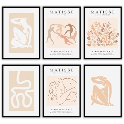 MONOKO® Matisse - Set di immagini Premium, poster vintage, rétro, stampe artistiche da parete, per camera da letto, 6 x A4, senza cornice
