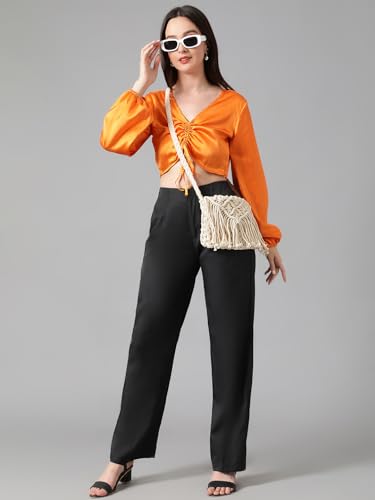 Image of KOTTY Womens Satin Full Sleeves Solid Regular Fit Top