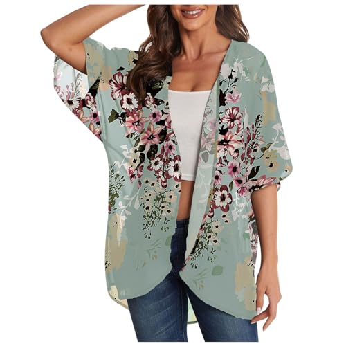 KBOPLEMQ Mujer Verano Cardigan Coverups Bohemian Kimono Blusa de Gasa Mangas Abullonadas Traje de Baño Playa Casual Blusa Casual, O Verde, M