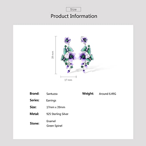 Santuzza 925 Sterling Silver Peony Earrings Spinel Enamel Purple Flower & Green Butterfly Dangle Earrings #TOP3
