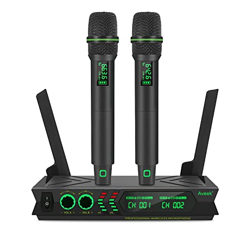Aveek Wireless Microphone System, Uhf Dual Channel Wireless Handheld Microphone Portable Karaoke Dynamic Microphone System For Singing, Home Karaoke, Meeting, Party, Church, Dj, Wedding, 200Ft Range #TOP28