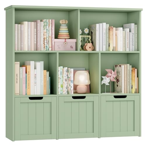 FOTOSOK Toy Storage Organizer with 3 Movable Drawers, Toy Organizer with Hidden Wheels and 5 Open Cubbies, Multifunctional Floor Storage Chest for Playroom, Green