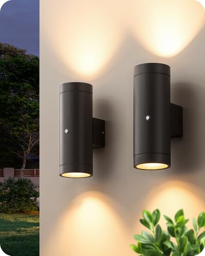 EDISHINE Dusk to Dawn Outdoor Wall Lights, Up Down Lantern Porch Light, IP44 Aluminum Matte Black, Indoor Wall Sconce with Clear Tempered Glass Shade, for Patio, Terrace, Hallway, Garage, 2 Pack