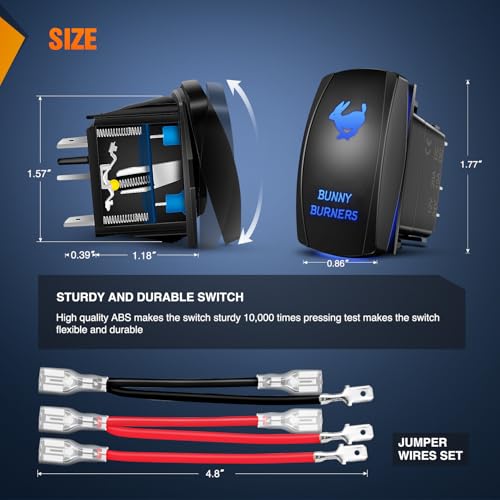 Image of Nilight Bunny Burners Rocker Switch Led Light Bar 5 Pin Laser On Off | SPST Switches 20A /12V 10A /24V Blue with Jumper Wires Set for Cars Trucks Boats ATVs UTVs RVs