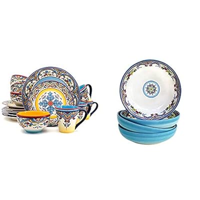 Euro Ceramica Zanzibar Collection 16 Piece Dinnerware Set Kitchen and Dining, Service for 4, Multicolor, Blue and Yellow & Zanzibar Collection Pasta Bowls, Set of 4, Multicolor Blue