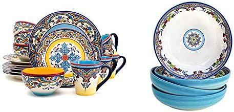 Euro Ceramica Zanzibar Collection 16 Piece Dinnerware Set Kitchen and Dining, Service for 4, Multicolor, Blue and Yellow & Zanzibar Collection Pasta Bowls, Set of 4, Multicolor Blue