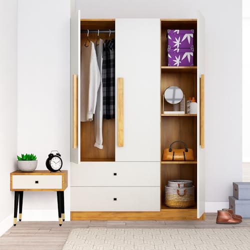 Image of Bniture Wooden Almirah for Clothes, Door for Bedroom, 3 Door Wardrobes with 2 Drawer & Hanging Space (40D x 120W x 180H CM) | 3 Year Warranty (Giant Wood & Frosty White)