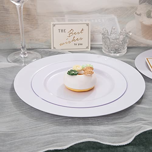 Flowercat 100Pcs White Plastic Plates-Heavy Duty White Disposable Plates For Party/Wedding/Anniversary - Include 50Pcs 10.25Inch White Dinner Plates - 50Pcs 7.5Inch White Dessert/Salad Plates #TOP5