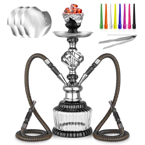 2 Hose Hookah Set 15 Shisha With Everything Glass Vase Hollow-Carved Coal Tong Hookah Foil Disposable Tips (Black)