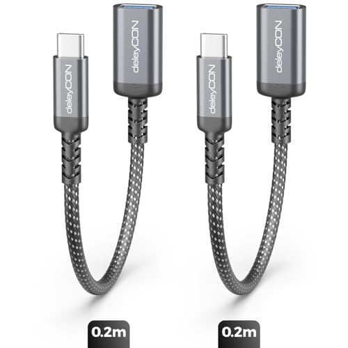 deleyCON 2X USB C auf USB Adapter 10 Gbps OTG Typ-C Stecker auf USB-A Buchse Kabel für iPhone 17/16/15 Air Pro Max, Galaxy S25/S24/S23, A56, A16, Tablet, MacBook, iMac, iPad, Notebook usw