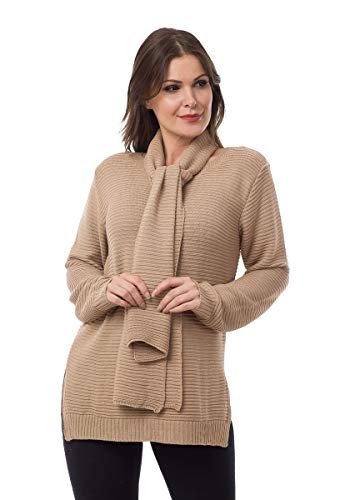 Blusa Bella Store Manga Longa De Tricô com Cachecol Feminina (Bege)