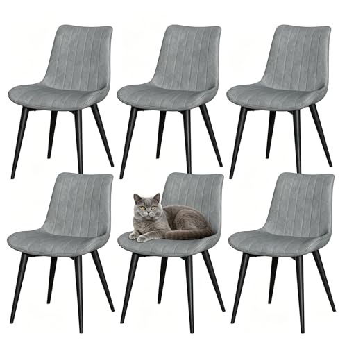 JMGJOY Chaises de Salle à Manger Lot de 6, Chaise de Cuisine Assise rembourrée en Similicuir Pieds en métal, Rétro, Max. 130 kg pour Salle à Manger Salon Chambre à Coucher, Gris