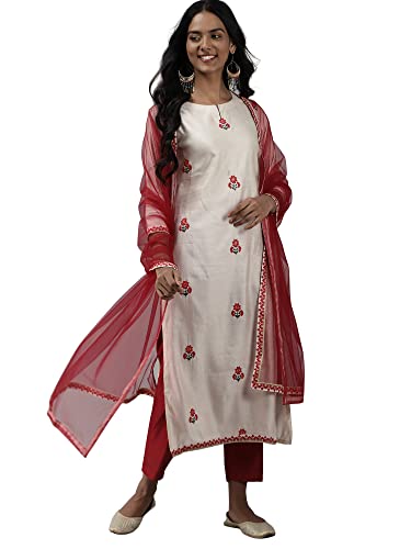 Image of INDO ERA Women's Viscose Embroidered Straight Kurta with Pant & Dupatta Set (PRMDJ2445)
