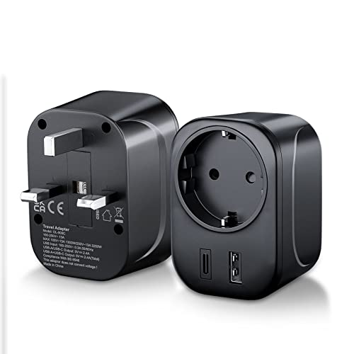 PChero Adaptador Enchufe Ingles a Español, Adaptador de Viaje UK a EU con USB y Tipo C, UK Euro Travel Adapter Adaptor para Irlanda Reino Unido India Singapur Hong Kong (1 Pieza)