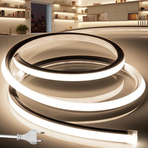 BRIMETI Ruban LED Exterieur Etanche 3M 220V Bande Neon LED Flexible Blanc Naturel Bandeau Outdoor IP65 10MM Silicone Découpable Imperméable Intérieure, Inclus Adaptateur Secteur, pour Cuisine