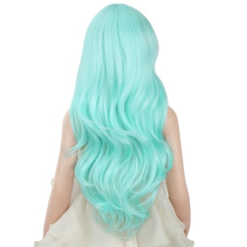 Image of PATTNIUM Mint Green Long Curly Wigs for Kids Girls Light Green Middle Part Heat Resistant Synthetic Wigs Halloween Cosplay Costume Party Wig