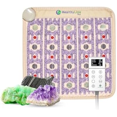 HealthyLine TAJ Far Infrared Heating Pad - Small Natural Crystal Gemstones Mat for Back Pain - Electric Auto Shut Off - Rejuvenating Negative Ions and Photon Lights - 20 x 20