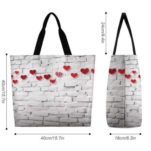 Women's Multi-Functional Shopping Bag,Red Hearts on White Brick Wall Printing Messenger Bag Shoulder Bag for Travel, Work, Shopping & Parties with Inner Pocket, Grocery Bag Lightweight & Water-Resista2