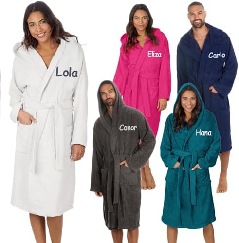 Personalised Adult Hooded Towelling Bath Robe 100% Cotton Luxury Bathrobe Absorbent Towel Robe for Men & Women Custom Gift Dressing Gown for Spa, Bathroom, Swim, Gym (L/XL - White)