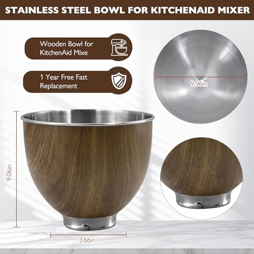 5 QT Wood Stainless Steel Bowl Fits KitchenAid KSM150 K45SS Mixer by Kainasch - Used condition - Image 4