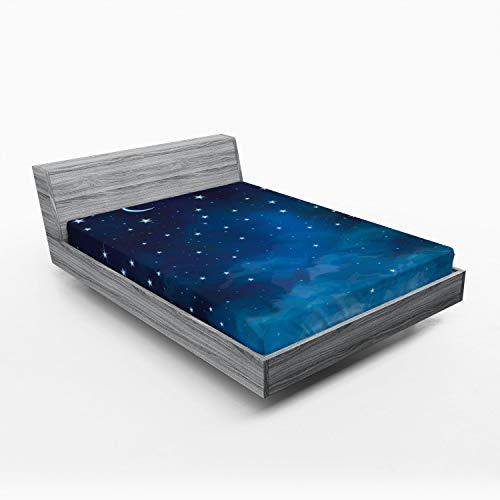 Ambesonne Sky Fitted Sheet, Abstract Night Time Illustration Stars and Crescent Moon Constellation Astrology, Bed Cover with All-Round Elastic Deep Pocket for Comfort, King Size, Midnight Blue