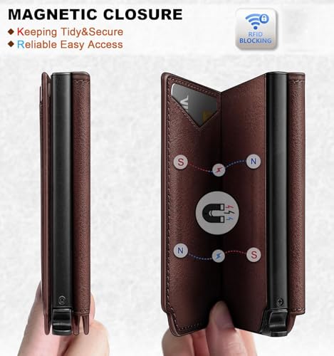 Image of VOGARD RFID Blocking Pop-Up Wallet for Men | Slim Leather Bifold Wallet with Metal Card Holder, Magnetic Flip, ID Window & Cash Pocket | Holds 10 Cards Brown