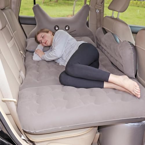 Hoapin Colchón de aire para coche, con bomba de aire, 2 almohadas, inflable para camping, cama de aire para coche, cama inflable para maletero de coche, asiento trasero gris