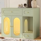 37.4" Cat Litter Box Furniture with LED, Hidden Litter Box Furniture with Storage, Enclosed Wood Cat House with Drawer for Litter Mess, Farmhouse, Suitable for Living Room Bedroom (Green, 37.4")