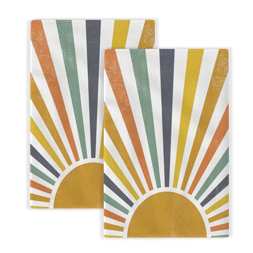 Image of Summer Kitchen Towels Boho Stripes Yellow Sunshine Dish Towels Outdoor Cute Colorful Rainbow Sun Hand Towels,16x24 Inch Farmhouse Decoration Absorbent Dish Cloths Set of 2 for Kitchen