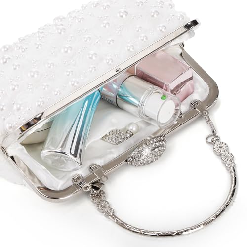 4 Pcs 1920s Pearl Jewelry Set, Include Beaded Pearl Clutch Bag with Chain, Dangle Faux Pearl Drop Earrings, Multi Strands Bracelet and Long Necklace, Flapper Costume Accessory for Party, Prom3