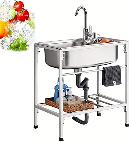 Freestanding Utility Sink,Outdoor Sink Set,Kitchen Sink Set with Storage Shelves,1 Compartment Commercial Kitchen Sink,with Drainboard and Faucet,for Garage,Restaurant,Kitchen,Laundry Room,I
