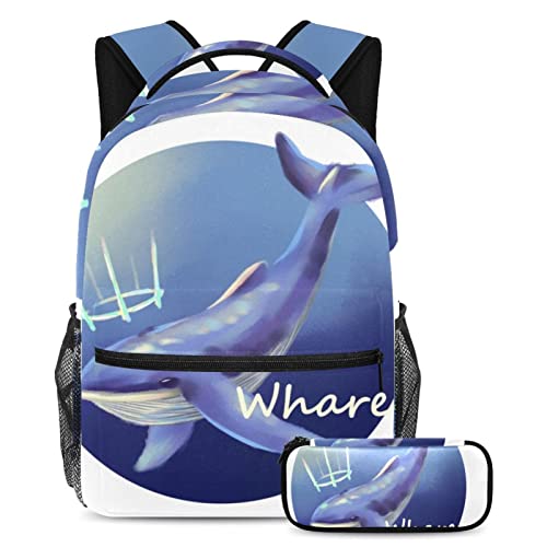 Sac à dos Whale King multicolore avec trousse assortie pour écoliers