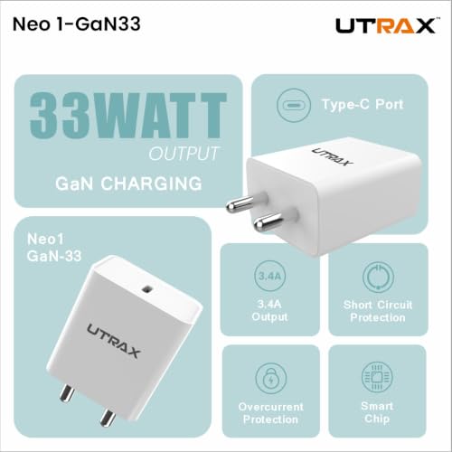 Image of UTRAX 33W GaN Fast Charger Adapter with USB-C PD 3.0 & PPS Technology | Type-C Wall Charger for iPhone 17 /16 /15 /14 Series, Samsung Galaxy S24 /S23 /S22, Nothing Phone, Google Pixel, iPad & All