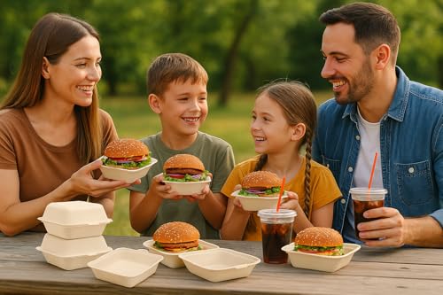 Caneeco 50-Pack Bagasse Sugarcane Burger Takeaway Boxes – 6"x6" Clamshell Containers, PFAS Free, TUV Home Compostable Certified Food Boxes for Hot & Cold Meals, Restaurants, Parties & Catering - Image 5