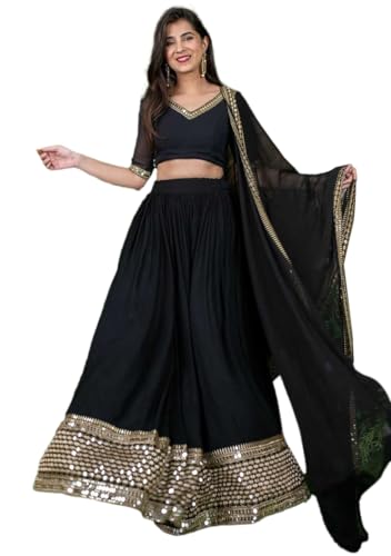 Indya Black Sequin Embroidered Faux Georgette Lehenga Set for Party & Cocktail | Short Sleeve | Indian Ethnic Wear