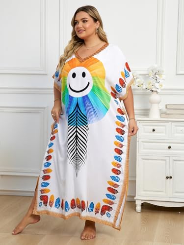 Image of KECVOT Kaftan Dresses for Women V-Neck Print Swimsuit Cover Up Plus Size Beach Caftan Lounge Dress