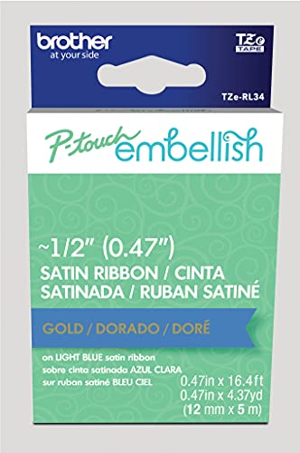 Image of Brother P-Touch Embellish Gold Print on Light Blue Satin Ribbon TZERL34 - ~ inch Wide x 13.1' Long for use with P-Touch Embellish Ribbon & Tape Printer