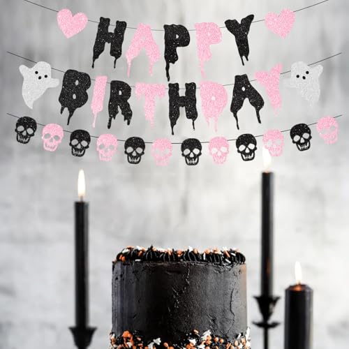 FHGG Pink Glitter Halloween Birthday Banner Black and Pink Heart Skull Garland Happy Birthday Decorations for Halloween Party Decorations Theme Baby Shower Supplies by FHGG - Image 6