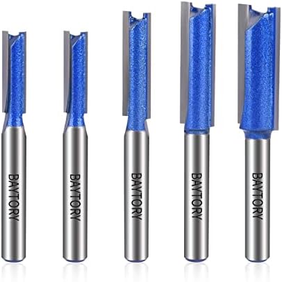 BAYTORY 5PCS Plus Double Flute Straight Router Bit Set, 1/4" Shank, Cutting Diameter in 1/4", 5/16", 3/8", 1/2". Carbide Bits Easy for Groove or Hollow, Can Stayed Sharp Throughout Multiple Uses