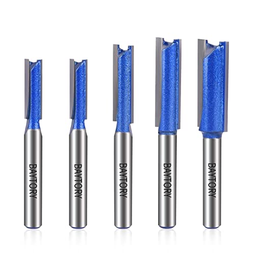 Baytory 5Pcs Plus Double Flute Straight Router Bit Set, 1/4" Shank, Cutting Diameter In 1/4", 5/16", 3/8", 1/2". Carbide Bits Easy For Groove Or Hollow, Can Stayed Sharp Throughout Multiple Uses #TOP10