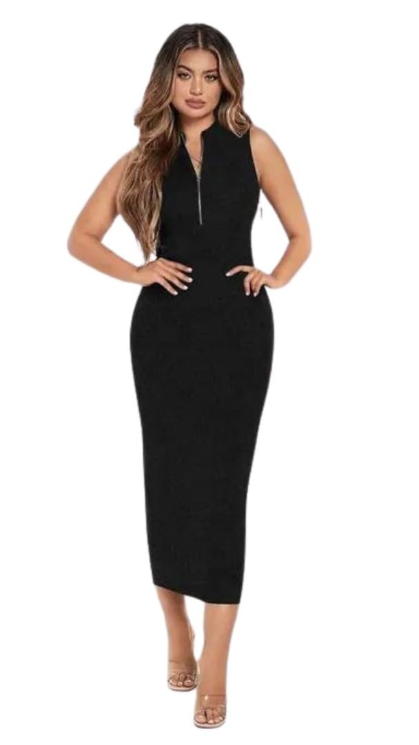 Elegant Women’s Black Bodycon Midi Dress | Sleeveless Slim Fit Dress with Front Zip | Stretchable for Girls & Ladies-image-38