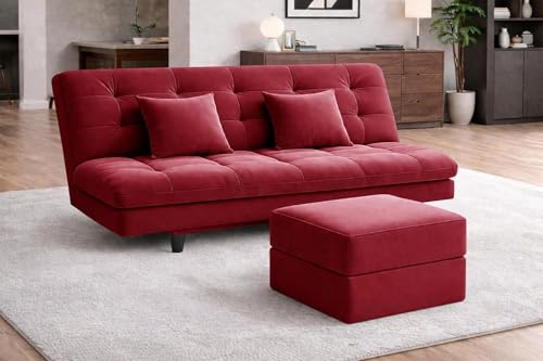 Image of Rosebell Modern Three-Seater Sofa Cum Bed Foldable Velevt Fabric Sofa, Foam Seating, Stylish Design for Living Room, Guest Room & Office - Red Color
