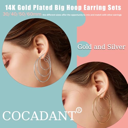 Silver Gold Hoop Earrings for Women,Thin 14K Gold Hoops Set with Hypoallergenic 925 Sterling Silver Post,Lightweight Big Hoops 30mm 40mm 50mm 60mm4