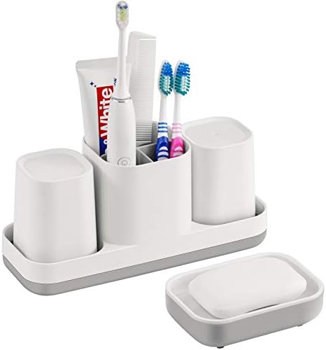VITVITI Toothbrush Holder for Bathroom, Bathroom Organizer Storage Set with 2 Bathroom Tumblers, for Vanity Countertop/Toothpaste/Kids, 5 Compartments White + Gray Plastic
