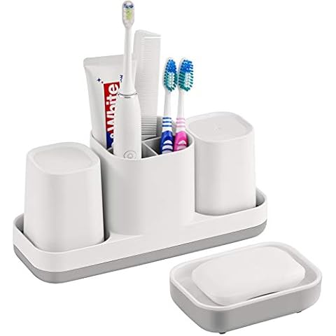 VITVITI Toothbrush Holder for Bathroom, Bathroom Organizer Storage Set with 2 Bathroom Tumblers, for Vanity Countertop/Toothpaste/Kids, 5 Compartments White + Gray Plastic Cover
